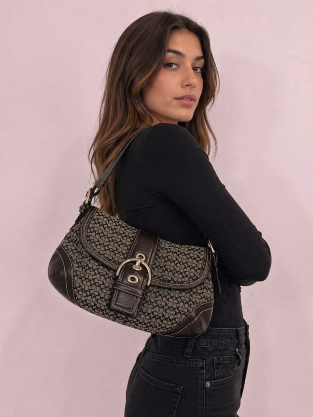 Coach Soho Signature Jacquard Canvas Buckle Shoulder Bag - Y2K - Black/Grey